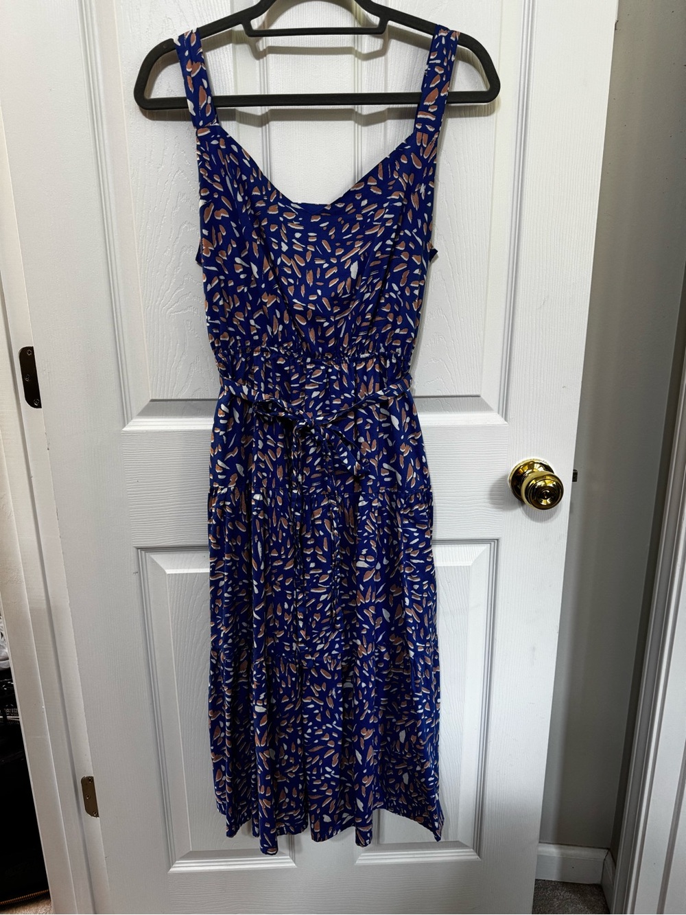 Velvet Heart Royal Blue Midi Dress with Peach Leaf Print